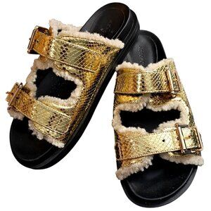 Aerosoles Gold Double-Buckle Shearling-Lined Sandals For Women - Size 7